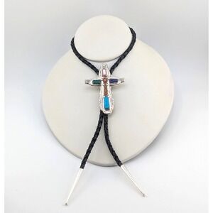 Handmade Zuni Cross Multi Stone Leather Bolo Tie Sterling Silver NA Accessory **